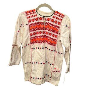 Vintage. Oaxaca orange white all embroidered aztec silver turquoise tunic top M